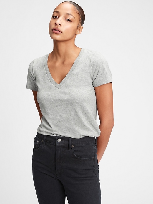 1 of 8 showing, with the color heather grey of product Vintage Wash V-Neck T-Shirt