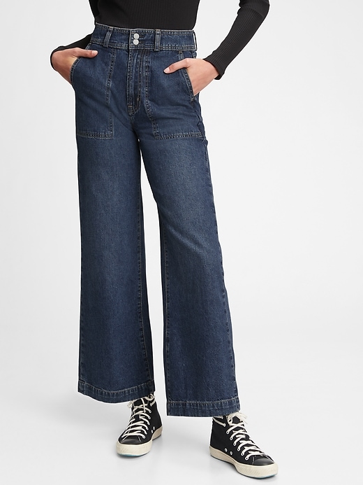 1 of 8 showing, with the color dark indigo of product Workforce Collection Sky High Rise Wide-Leg Jeans