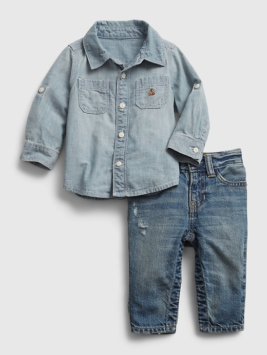 1 of 8 showing, with the color light wash indigo of product Baby Denim Outfit Set