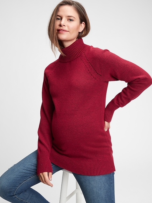 1 of 8 showing, with the color cinnabar red of product Maternity Brushed Cozy Turtleneck Sweater