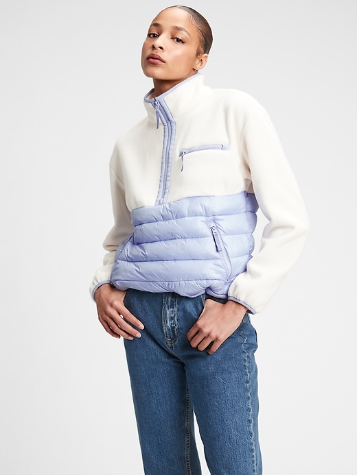 1 of 8 showing, with the color off white & blue of product GapFit 100% Recycled Fleece Puffer Jacket