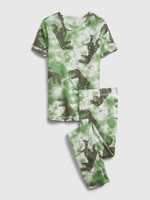 1 of 8 showing, with the color green tie dye of product Kids 100% Organic Cotton Tie-Dye Dinosaur Graphic PJ Set