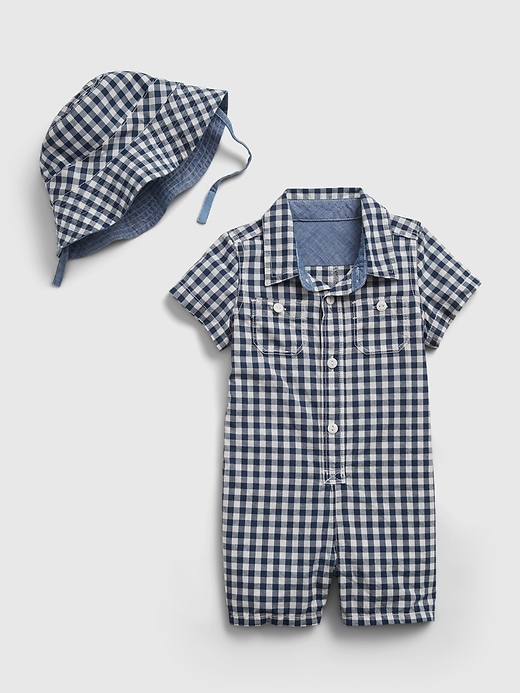 Image number 1 showing, Baby Gingham Print Shorty with Reversible Bucket Hat