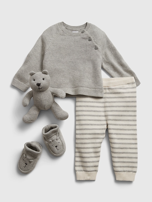 1 of 8 showing, with the color light grey heather of product Baby Sweater Outfit Set with Brannan Bear