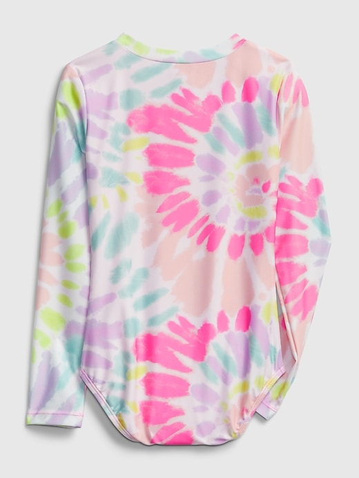2 of 8 showing, with the color multi tie dye of product Kids Recycled Tie-Dye Swim Rash Guard One-Piece