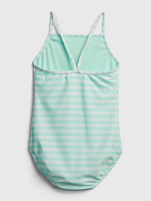 2 of 8 showing, with the color shore blue stripe of product Kids Recycled Flippy Sequin Pineapple Swim One-Piece