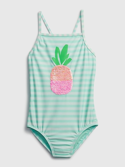 1 of 8 showing, with the color shore blue stripe of product Kids Recycled Flippy Sequin Pineapple Swim One-Piece