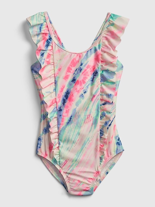 1 of 8 showing, with the color multi tie dye of product Kids Recycled Ruffle Swim One-Piece