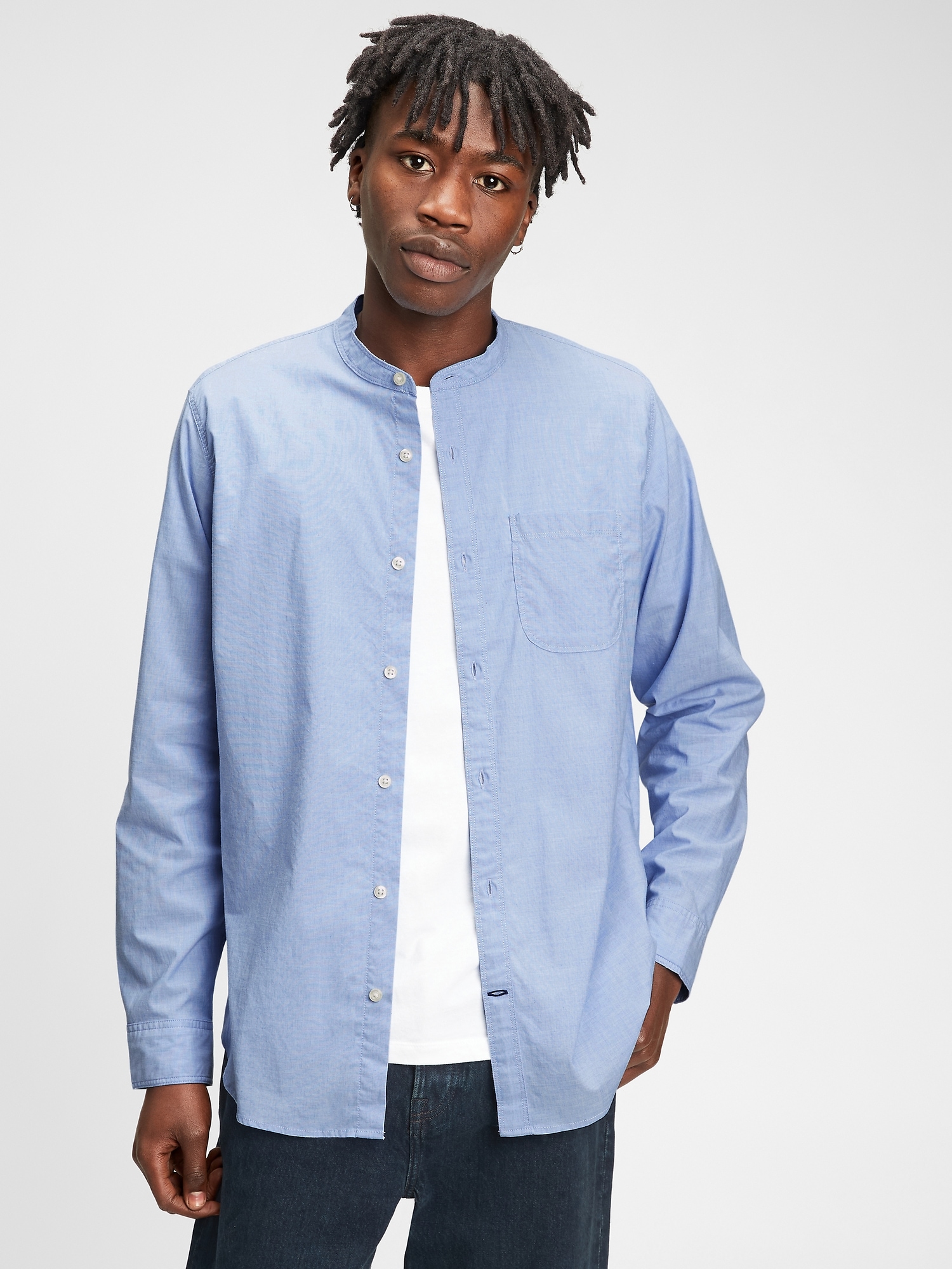 Florent Cotton Band Collar Shirt Blouse Long Sleeve 1 Light