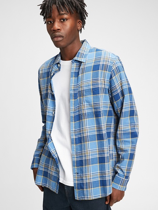 1 of 8 showing, with the color yellow/blue plaid of product Slub Twill Shirt
