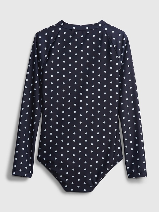 2 of 8 showing, with the color navy dot of product Kids Recycled Polk-A-Dot Swim Rash Guard One-Piece