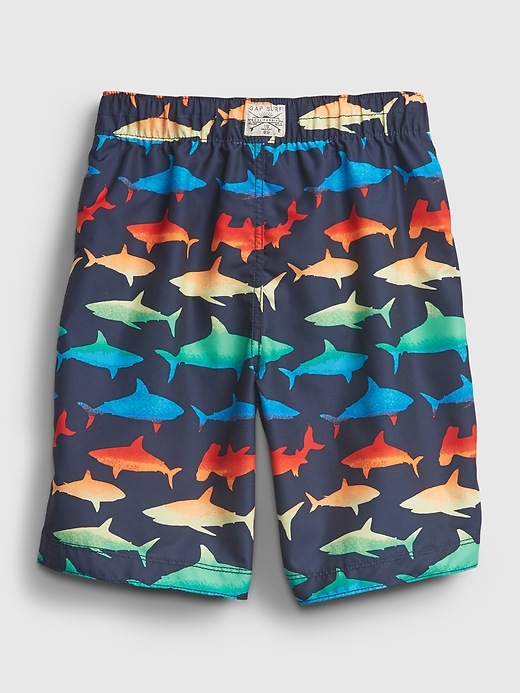 2 of 8 showing, with the color elysian blue of product Kids 100% Recycled Polyester Shark Graphic Board Shorts