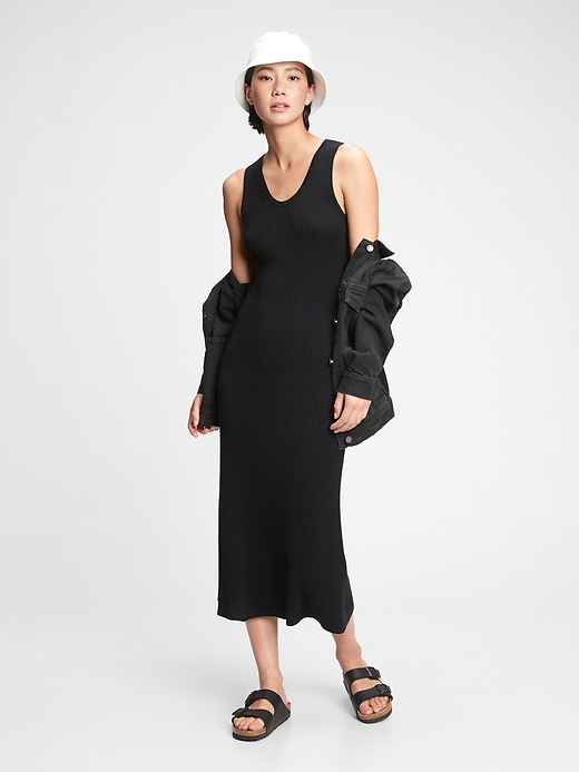 1 of 8 showing, with the color true black of product Sleeveless Ribbed Midi Sweater Dress
