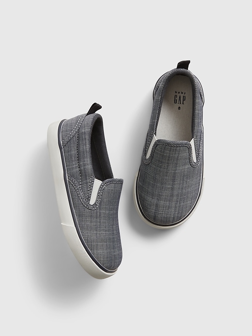 1 of 8 showing, with the color indigo chambray of product Toddler Chambray Slip-On Shoes