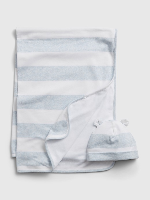 1 of 8 showing, with the color blue heather of product Baby Blanket and Hat Set
