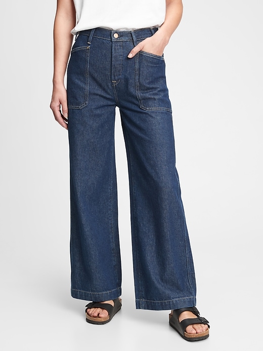 1 of 8 showing, with the color dark indigo of product Gap & Jean ReDesign Sky High Wide Leg Trouser Jean With Washwell™