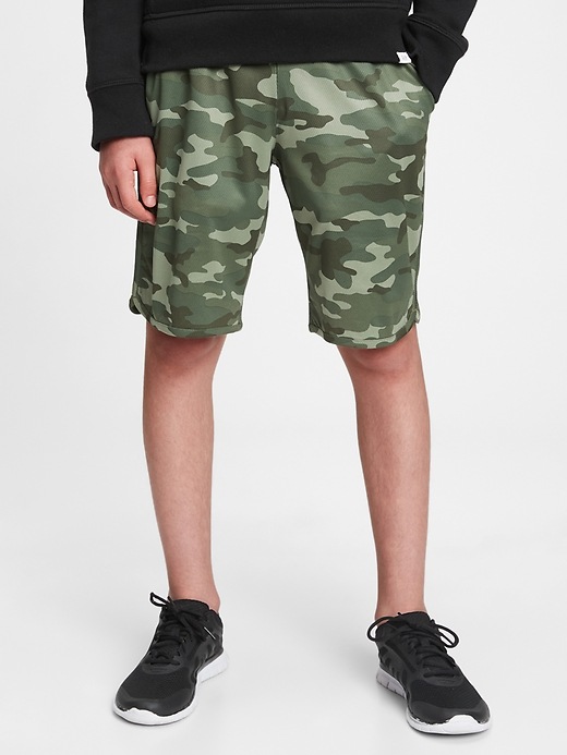 1 of 8 showing, with the color green camo of product GapFit Kids Mesh Pull-On Shorts