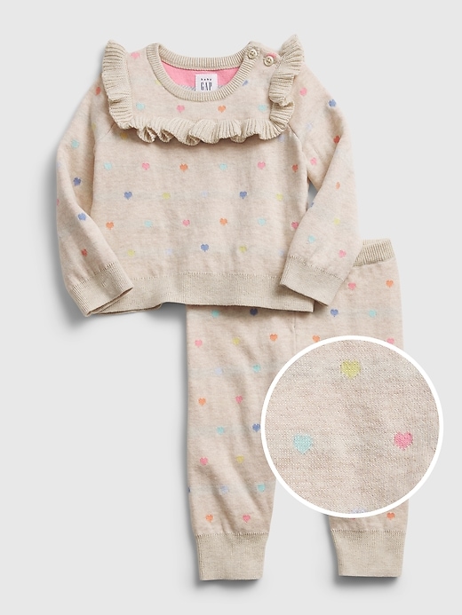 1 of 8 showing, with the color oatmeal of product Baby Heart Sweater Outfit Set