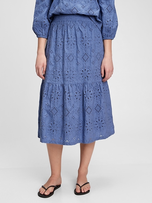 1 of 8 showing, with the color larkspur blue of product Eyelet Midi Skirt