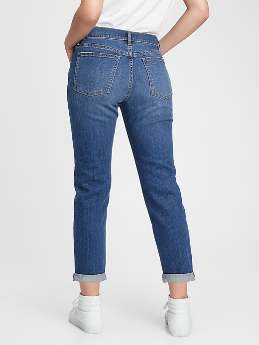 2 of 8 showing, with the color dark indigo of product Mid Rise Girlfriend Jeans with Washwell