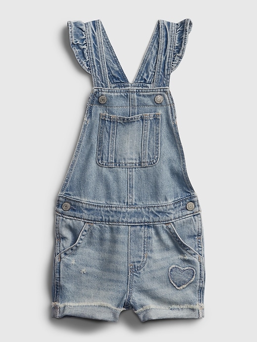 1 of 8 showing, with the color medium wash of product Toddler Ruffle Denim Shortalls with Washwell™