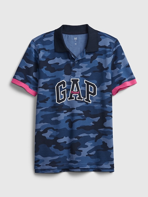 1 of 8 showing, with the color blue camo of product Kids Print Pique Polo Shirt