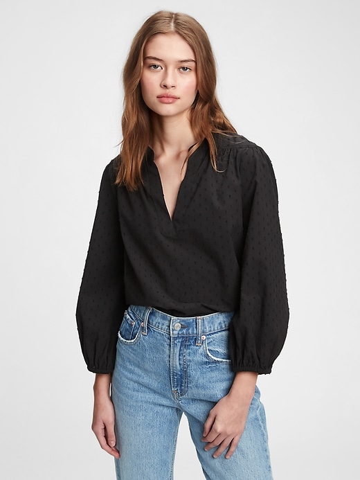 1 of 8 showing, with the color true black of product Shirred Popover Top