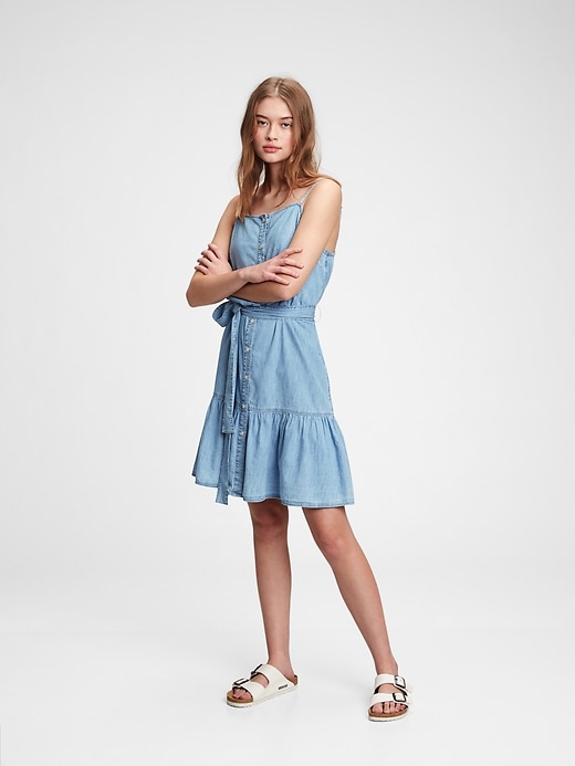 1 of 8 showing, with the color light wash of product Button-Front Ruffle Cami Dress