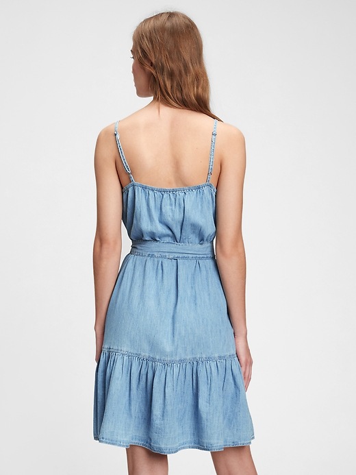 2 of 8 showing, with the color light wash of product Button-Front Ruffle Cami Dress