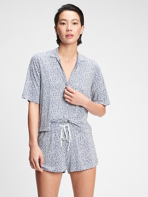 1 of 8 showing, with the color blue floral of product Truesleep Button-Front Top in Modal