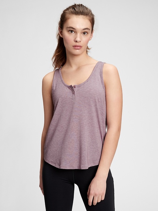 1 of 8 showing, with the color elderberry purple of product GapFit Breathe Henley Tank Top
