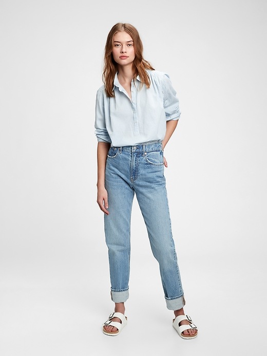 1 of 8 showing, with the color blue & white mini stripe of product Pleated Popover Top