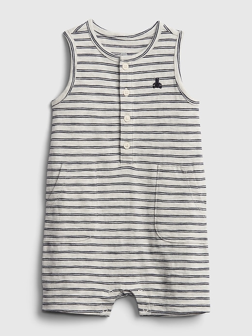 1 of 8 showing, with the color grey heather of product Baby 100% Organic Cotton First Favorite Stripe Shorty One-Piece
