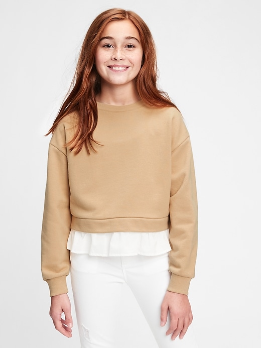 2 of 8 showing, with the color camel beige of product Kids Ruffle Trim Sweatshirt
