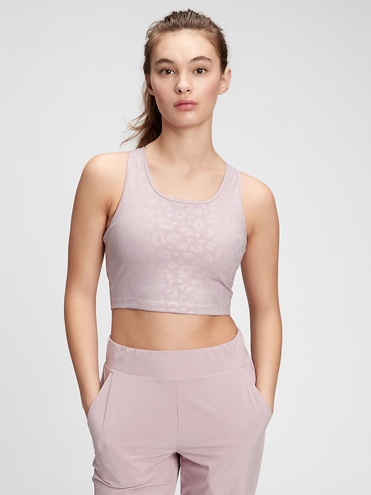 1 of 8 showing, with the color purple lilac leopard of product GapFit Impact Blackout Longline Cut-Out Back Sports Bra