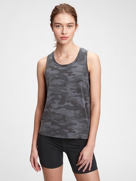 1 of 8 showing, with the color black camo of product GapFit Breathe Wrap-Back Tank Top