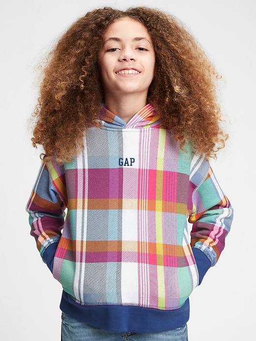 2 of 8 showing, with the color multi plaid of product Kids Gap Logo Plaid Hoodie