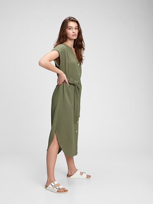 1 of 8 showing, with the color desert cactus green of product Gauze Midi Shirtdress