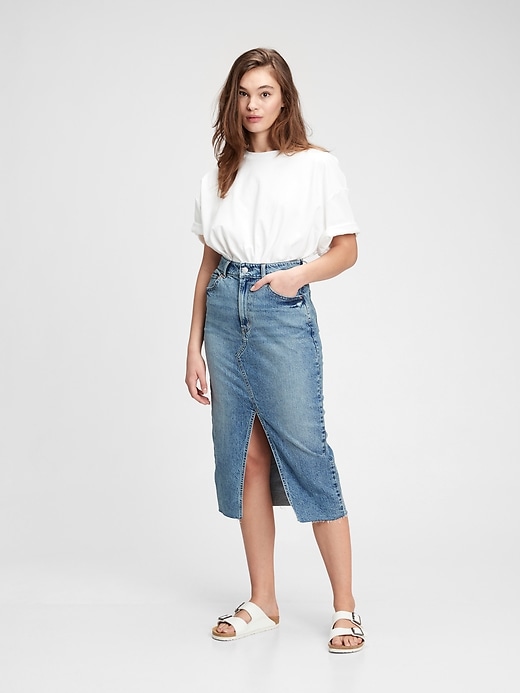 1 of 8 showing, with the color light indigo of product Denim Midi Pencil Skirt with Washwell™