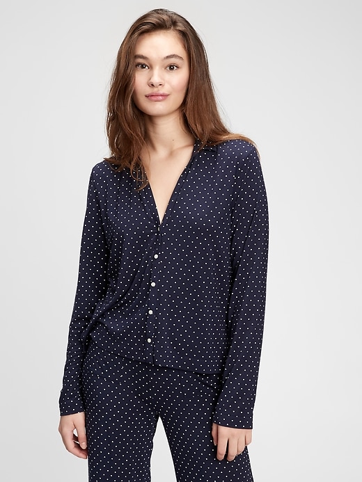 1 of 8 showing, with the color navy blue & milk white hearts of product Adult Truesleep Button-Front Top in Modal