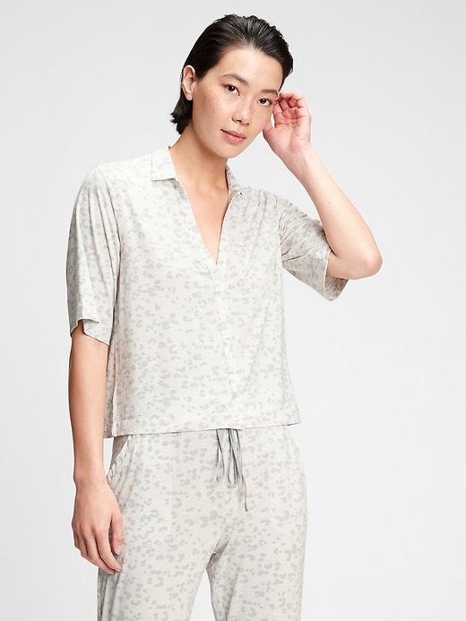 1 of 8 showing, with the color grey stone leopard of product Truesleep Button-Front Top in Modal