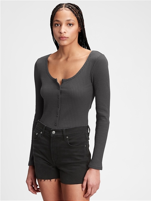 1 of 8 showing, with the color soft black of product Pointelle Button-Front T-Shirt