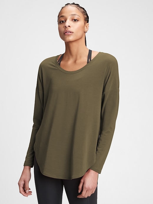 1 of 8 showing, with the color olive green of product GapFit Breathe Hi-Lo T-Shirt