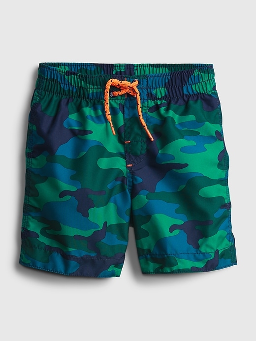 1 of 8 showing, with the color green camo of product Toddler 100% Recycled Polyester Graphic Swim Trunks