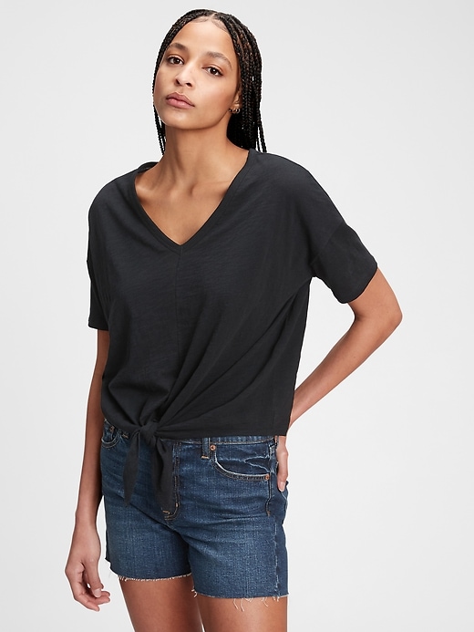 Image number 1 showing, Slub Cropped Tie-Front T-Shirt