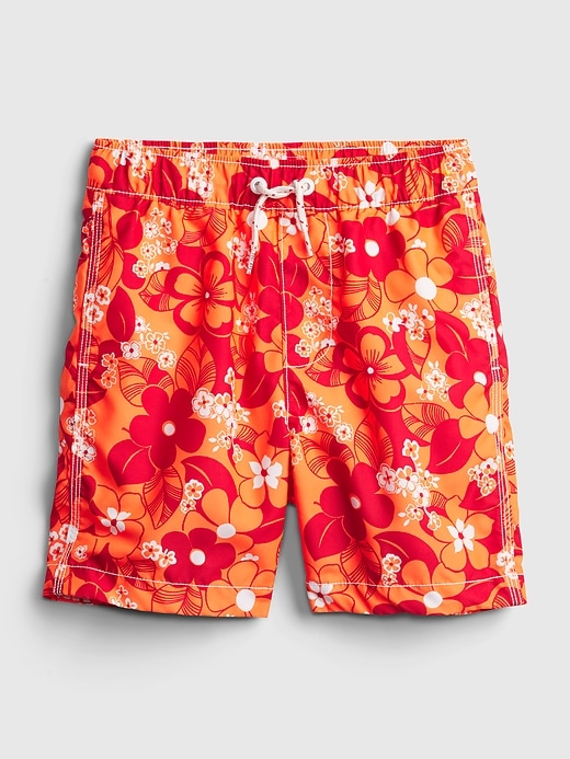1 of 8 showing, with the color red floral of product Kids 100% Recycled Polyester Floral Swim Trunks