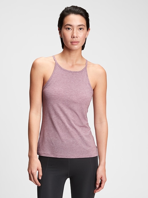 1 of 8 showing, with the color elderberry berry of product GapFit Breathe Halter-Neck Shelf Tank Top