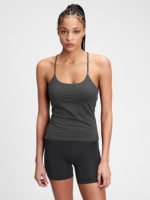 1 of 8 showing, with the color true black of product GapFit Brushed Tech Jersey Strappy Back Tank Top