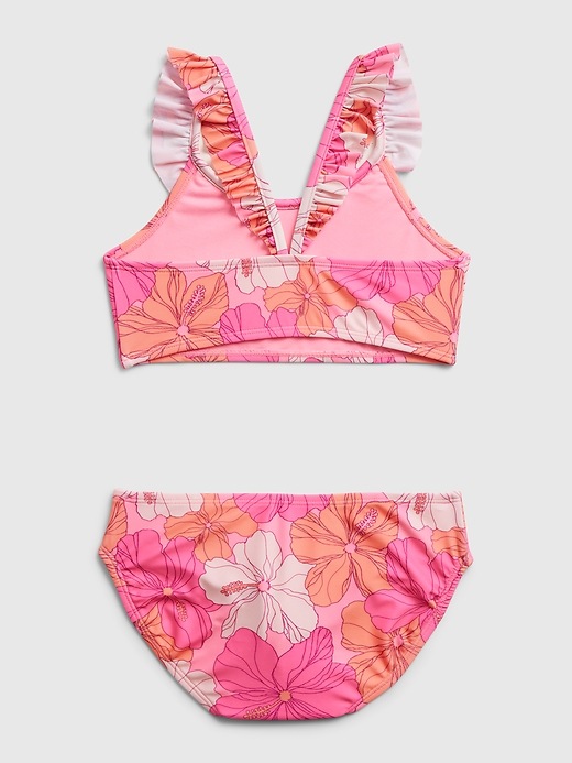 2 of 8 showing, with the color neon impulsive pink of product Kids Recycled Ruffle Floral Bikini