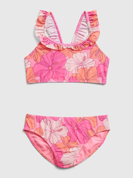 1 of 8 showing, with the color neon impulsive pink of product Kids Recycled Ruffle Floral Bikini